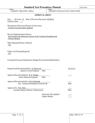 Standard Test Procedures Manual STP 208-6
Section: Subject:
CEMENT TREATED SOILS DENSITY-IN-PLACE BY SAND CONE
Page: 6 of 5 Date: 1993 12 15
APPROVAL SHEET
New Revision X Date of Previous Document 85-04-01
Effective Date: - -
Description of Revision (Reason for Revision):
Format of test procedure updated.
Review/Implementation Process:
Reviewed by the Materials Section of the Technical Standards and
Policies Branch.
Other Manuals/Policies Affected:
Nil
Follow Up/Training Required:
Nil
Comments/Concerns/Implications (Budget/Environment/Stakeholders):
Prepared and Recommended by D. MacLeod 93-12-15
Quality Control Engineer Date
Approval Recommended by R.A. Widger - -
Senior Materials Engineer Date
Approval Recommended by A.R. Gerbrandt - -
Dir., Technical Standards & Policies Br. Date
Approved by D.G. Metz - -
Assistant Deputy Minister, Infrastructure Date
Electronic File Updated - -
Update Mailed - -
 