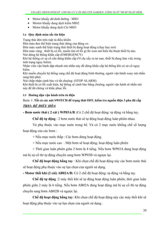 TÀI LIỆU HDVH HTXLNT CHUNG CƯ CĂN HỘ CITY GARDEN, CÔNG SUẤT 700 M3
/NGẦY ĐÊM
• Motor khuấy dd dinh dưỡng : MI01
• Mortor khuấy dung dịch kiềm MI02
• Motor khuấy dung dịch Clo MI03
5.4 Quy định màu sắc tín hiệu
Trạng thái đèn trên mặt tủ điều khiển
Đèn màu đen thể hiện trạng thái dừng của động cơ.
Đèn màu xanh thể hiện trạng thái thiết bị đang hoạt động (chạy hay mở)
Đèn màu vàng: thiết bị có lỗi, muốn tìm rõ lỗi gì thì xem nút hiển thị thuột thiết bị nào.
Nút dừng hệ thống khẩn cấp (EMERGENCY)
Khi hệ thống có sự cố cần dừng khẩn cấp (Ví dụ xấy ra tai nan, thiết bị đang làm việc trong
tình trạng nguy hiểm).
Nhân viên vận hành dập nhanh nút nhấn này để dừng khẩn cấp hệ thống khi có sử cố nguy
hiểm.
Khi muốn chuyển hệ thống sang chế độ hoạt động bình thường, người vận hành xuay nút nhấn
sang bên phải.
Nút chấp nhận cảnh báo và tắt chuông: (STOP ALARM)
Khi thiết bị có lỗi xuất hiện, hệ thống sẽ cảnh báo bằng chuông, người vận hành sẽ nhấn nút
này để tắt chông và khắc phục lỗi.
5.5 Hướng dận vận hành trên tủ điện
Bước 1: Tất cả các nút SWITCH để trạng thái OFF, kiểm tra nguồn điện 3 pha đã cấp
TK03: BỂ ĐIỀU HÒA
- Bơm nước thải ( 2 cái ) WP03A/B :Có 2 chế độ hoạt động: tự động và bằng tay.
Chế độ tự động : 2 bơm nước thải sẽ tự động hoạt động luân phiên nhau.
Và phụ thuộc vào mực nước trong bể. Và có 2 mực nước khống chế số lượng
hoạt động của các bơm :
+ Nếu mực nước thấp : Các bơm dừng hoạt động.
+ Nếu mực nước cao : Một bơm sẽ hoạt động, hoạt động luân phiên
+ Thời gian luân phiên giữa 2 bơm là 4 tiếng. Nếu bơm WP03A đang hoạt động
mà bị sự cố thì tự động chuyển sang bơm WP03B và ngược lại.
Chế độ hoạt động bằng tay : Khi chọn chế độ hoạt động này các bơm nước thải
sẽ hoạt động phụ thuộc vào sự lựa chọn của người sử dụng.
- Motor thổi khí (2 cái) AB02A/B: Có 2 chế độ hoạt động: tự động và bằng tay.
Chế độ tự động :2 máy thổi khí sẽ tự động hoạt động luân phiên, thời gian luân
phiên giữa 2 máy là 6 tiếng. Nếu bơm AB02A đang hoạt động mà bị sự cố thì tự động
chuyển sang bơm AB02B và ngược lại.
Chế độ hoạt động bằng tay: Khi chọn chế độ hoạt động này các máy thổi khí sẽ
hoạt động phụ thuộc vào sự lựa chọn của người sử dụng .
20
 