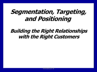 Segmentation, Targeting,
and Positioning
Building the Right Relationships
with the Right Customers
MANASA N
 
