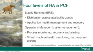 Four levels of HA in PCF 
Elastic Runtime (ERS): 
 Distribution across availability zones 
 Application health managemen...