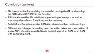 38
 3M is responsible for receiving the material, posting the GR, and sending
the POD within SAP SNC to the Supplier.
 ASN data is used by 3M in follow-on processing of receipts, as well as
importing of goods and freight payment processing.
 Both 3M and Suppliers receive ASN Alerts based on their profile settings.
 Different alerts trigger depending upon the action taken, such as creation of
a new ASN, changing an ASN, Goods Receipt against an ASN, or an ASN
with partial shipment.
Conclusion (continued)
 