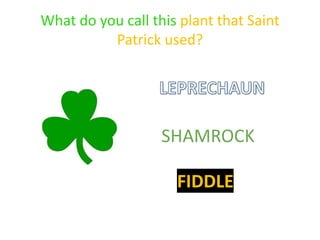 SHAMROCK
FIDDLE
What do you call this plant that Saint
Patrick used?
 