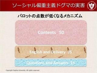 `ƫɥޤΌg

                ХåȤεͤʤᥫ˥


                                              Contents 50


                                  English and Delivery 35

                              Questions and Answers 15
Copyright Sophia University. All rights reserved.
 
