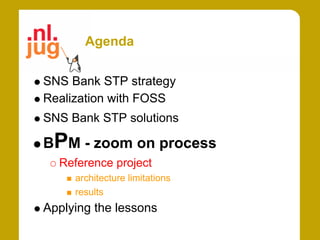 Agenda

SNS Bank STP strategy
Realization with FOSS
SNS Bank STP solutions

BPM - zoom on process
  Reference project
     architecture limitations
     results
Applying the lessons
 