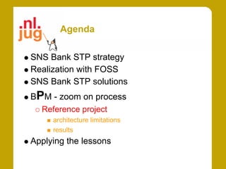 Agenda

SNS Bank STP strategy
Realization with FOSS
SNS Bank STP solutions
BPM - zoom on process
  Reference project
     architecture limitations
     results
Applying the lessons
 