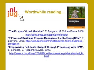Worthwhile reading...



“The Process Virtual Machine”, T. Baeyens, M. Valdes Faura, 2008.
                http://docs.jboss.com/jbpm/pvm/article/
“7 Forms of Business Process Management with JBoss jBPM”, T.
Baeyens, 2008. http://java.dzone.com/articles/seven-forms-business-
process-m
“Empowering Full Scale Straight Through Processing with BPM”,
E. Schabell, S. Hoppenbrouwers, 2008.
 http://www.schabell.org/2008/09/draft-empowering-full-scale-straight.
                                  html
 