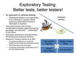 Exploratory Testing:
Better tests, better testers!
• An approach to software testing
– Emphasized freedom and responsibili...