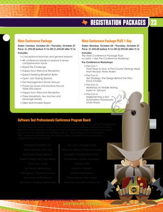 Registration Packages 23

Main Conference Package                                          Main Conference Package PLUS 1-Day
Dates: Tuesday, October 25 – Thursday, October 27                Dates: Monday, October 24 – Thursday, October 27
Price: $1,295.00 before 9/16 OR $1,695.00 after 9/16             Price: $1,695.00 before 9/16 OR $2,095.00 after 9/16
Includes:                                                        Includes:
  •  exceptional keynotes and general sessions
    5                                                            The Main Conference Package PLUS
                                                                 an extra 1-day Pre-Conference Workshop:
  •  0 conference breakout sessions in seven
    4
    comprehensive tracks                                         Pre-Conference Workshops:

  •  apid Fire Challenge
    R                                                               •  re-Con 1:
                                                                      P
                                                                      From Soup to Nuts: A Five Course (Testing) Meal,
  •  appy Hour Welcome Reception
    H                                                                 Matt Heusser, Peter Walen
  •  peed Geeking Breakfast Bytes
    S                                                               •  re-Con 2:
                                                                      P
  •  pen Jam Testing Sessions
    O                                                                 Test Strategy: The Design Behind the Plan,
  •  est Management Dinner Groups
    T                                                                 Fiona Charles

  •  ower-Up Issues and Solutions Round
    P                                                               •  re-Con 3:
                                                                      P
    Table Discussions                                                 Workshop on Mobile Testing,
                                                                      Karen N. Johnson
  •  appy Hour Welcome Reception
    H
                                                                    •  re-Con 4:
                                                                      P
  •  hree breakfasts, two lunches and
    T                                                                 Implementing a Test
    beverage breaks                                                   Automation Framework,
  •  A Matchmaker Board
    Q                                                                 Linda Hayes




Software Test Professionals Conference Program Board
The Conference Program Board (CPB) collaborates with the Software Test Professionals
(STP) Conference events team to recommend keynote speakers, sessions and overall
direction of the conference program. At STP we believe the stake holders in the industry
should drive the direction of everything we do – the conference is no exception.
With member representatives, we deliver quality conferences that resonate to
every member of our industry.

     Scott Barber, PerfTestPlus, Inc.             Nancy Kelln, Unimagined Testing

     Vladimir Belorusets, Xerox Corp        Ashish (Ash) Malhotra, Progressive Insurance

    Fiona Charles, Quality Intelligence       Cory Medlin, Consulting Software Tester

 Elizabeth D’Angelo, RBC Capital Markets       Brett Messimer, Questcon Technologies

          Patrick Dolan, Deloitte                        John Meza, ESRI

      Dan Downing, Mentora Group                      Bala Mullur, Consultant

  Keith Eggeman, Progressive Insurance               Catherine Powell, Abakas

     Dawn Haynes, PerfTestPlus, Inc.             Fahmida Rahman, Wolters Kluwer

 Matt Heusser, Consulting Software Tester     James Sivak, Consultant in Software Test




 The Leading Conference On
 				               Software Testing
 