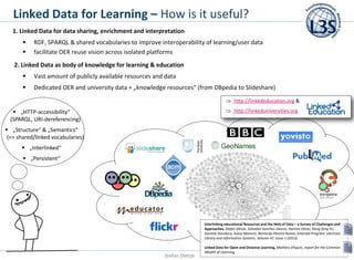 Linked Data for Learning – How is it useful?
Stefan Dietze
1. Linked Data for data sharing, enrichment and interpretation
...