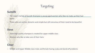 Targeting
Sunsilk
– The target market of Sunsilk Shampoo is young aged women who likes to make up their hair
stylist
– Those who are active, dynamic and simple but still conscious of their need to be beautiful
Dove
– Dove high quality shampoo is created for upper middle class
– Women who like to take care of their hairs
Clear
– Middle and Upper Middle class male and female having scalp and dandruff problems
 