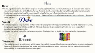 Place
Dove
 It has a global presence. Its network is spread in various parts of world and manufacturing of its products takes place in
several countries like the United States, Turkey, Thailand, South Africa, India, Germany, China, Canada, Brazil, Australia
 Products are sold in nearly eighty countries with help of a fine and efficient distribution channel.
 It includes manufacturers to retailers to consumers via general stores, retail stores, convenient stores, discount , stores and
supermarkets.
Sunsilk
 Available in at least sixty countries of the world. with strong network in countries like India, Thailand, Indonesia, Sri Lanka,
Bangladesh, Argentina, Pakistan and Brazil. Although it started its production in UK but it has been successful in
penetrating such a large market.
 Unilever has set up a team for market segmentation. This helps them to decide the right market for their product.
Tresemme
 The products mainly target the rich, with the poor having little chance of landing on such an effective product. Available in
large retail stores such as Reliance, Big Bazaar and DMart stock the product. Tresemme also has elaborate distribution
channels that include wholesalers and sales agents.
 