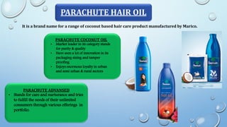 PARACHUTE HAIR OIL
It is a brand name for a range of coconut based hair care product manufactured by Marico.
PARACHUTE COCONUT OIL
• Market leader in its category stands
for purity & quality
• Have seen a lot of innovation in its
packaging sizing and tamper
proofing.
• Enjoys enormous loyalty in urban
and semi urban & rural sectors
PARACHUTE ADVANSED
• Stands for care and nurturance and tries
to fulfill the needs of their unlimited
consumers through various offerings in
portfolio.
 