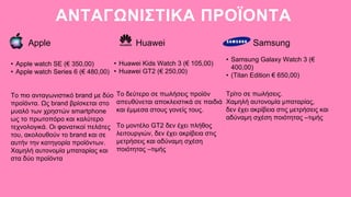 ΑΝΤΑΓΩΝΙΣΤΙΚΑ ΠΡΟΪΟΝΤΑ
Apple Huawei Samsung
• Apple watch SE (€ 350,00)
• Apple watch Series 6 (€ 480,00)
Το πιο ανταγωνιστικό brand με δύο
προϊόντα. Ως brand βρίσκεται στο
μυαλό των χρηστών smartphone
ως το πρωτοπόρο και καλύτερο
τεχνολογικά. Οι φανατικοί πελάτες
του, ακολουθούν το brand και σε
αυτήν την κατηγορία προϊόντων.
Χαμηλή αυτονομία μπαταρίας και
στα δύο προϊόντα
• Huawei Kids Watch 3 (€ 105,00)
• Huawei GT2 (€ 250,00)
• Samsung Galaxy Watch 3 (€
400,00)
• (Titan Edition € 650,00)
Το δεύτερο σε πωλήσεις προϊόν
απευθύνεται αποκλειστικά σε παιδιά
και έμμεσα στους γονείς τους.
Το μοντέλο GT2 δεν έχει πλήθος
λειτουργιών, δεν έχει ακρίβεια στις
μετρήσεις και αδύναμη σχέση
ποιότητας –τιμής
Τρίτο σε πωλήσεις.
Χαμηλή αυτονομία μπαταρίας,
δεν έχει ακρίβεια στις μετρήσεις και
αδύναμη σχέση ποιότητας –τιμής
 