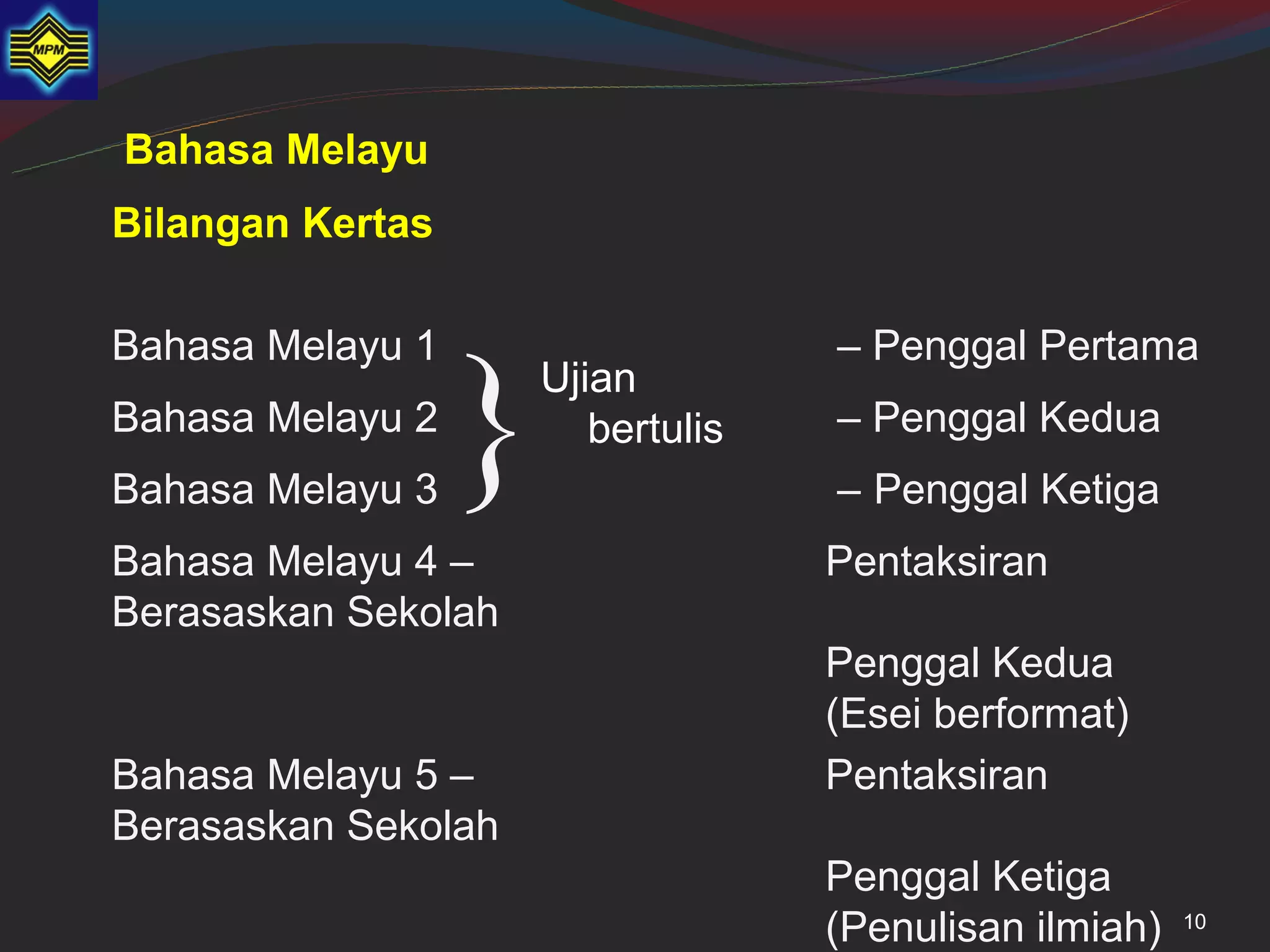 Bahasa Melayu
Bilangan Kertas




                  }
Bahasa Melayu 1                     – Penggal Pertama
                      Ujian
Bahasa Melayu 2          bertulis   – Penggal Kedua
Bahasa Melayu 3                     – Penggal Ketiga
Bahasa Melayu 4 –                   Pentaksiran
Berasaskan Sekolah
                                    Penggal Kedua
                                    (Esei berformat)
Bahasa Melayu 5 –                   Pentaksiran
Berasaskan Sekolah
                                    Penggal Ketiga
                                    (Penulisan ilmiah)   10
 