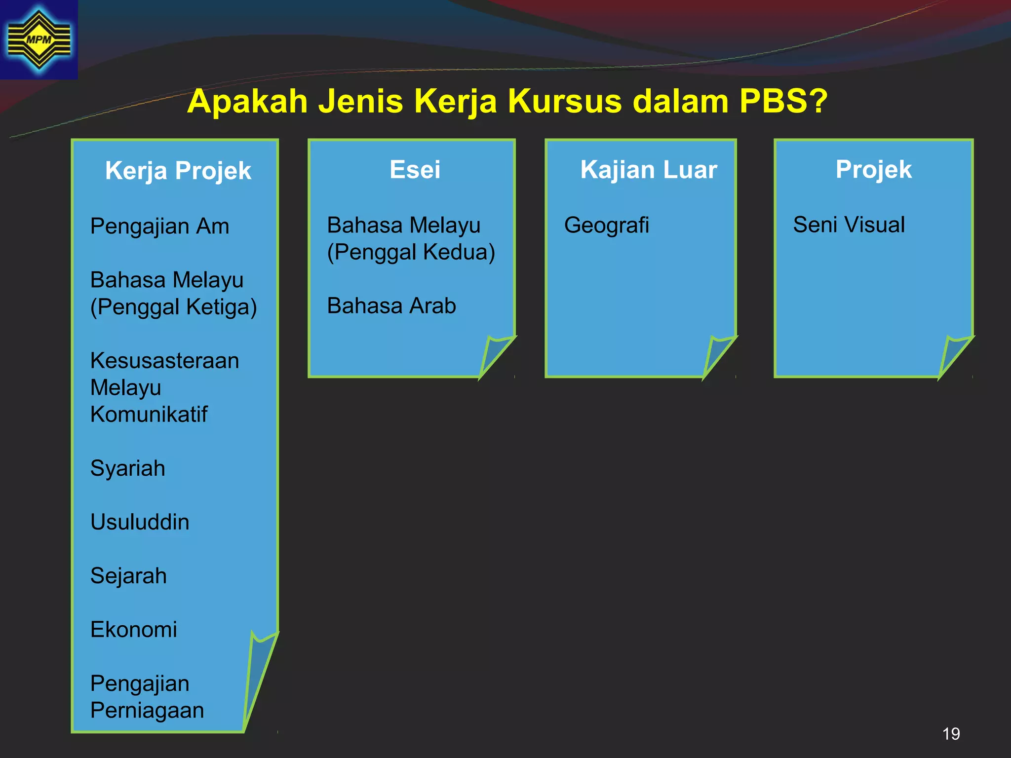 Apakah Jenis Kerja Kursus dalam PBS?
 Kerja Projek           Esei          Kajian Luar       Projek

Pengajian Am       Bahasa Melayu     Geografi       Seni Visual
                   (Penggal Kedua)
Bahasa Melayu
(Penggal Ketiga)   Bahasa Arab

Kesusasteraan
Melayu
Komunikatif

Syariah

Usuluddin

Sejarah

Ekonomi

Pengajian
Perniagaan
                                                                  19
 