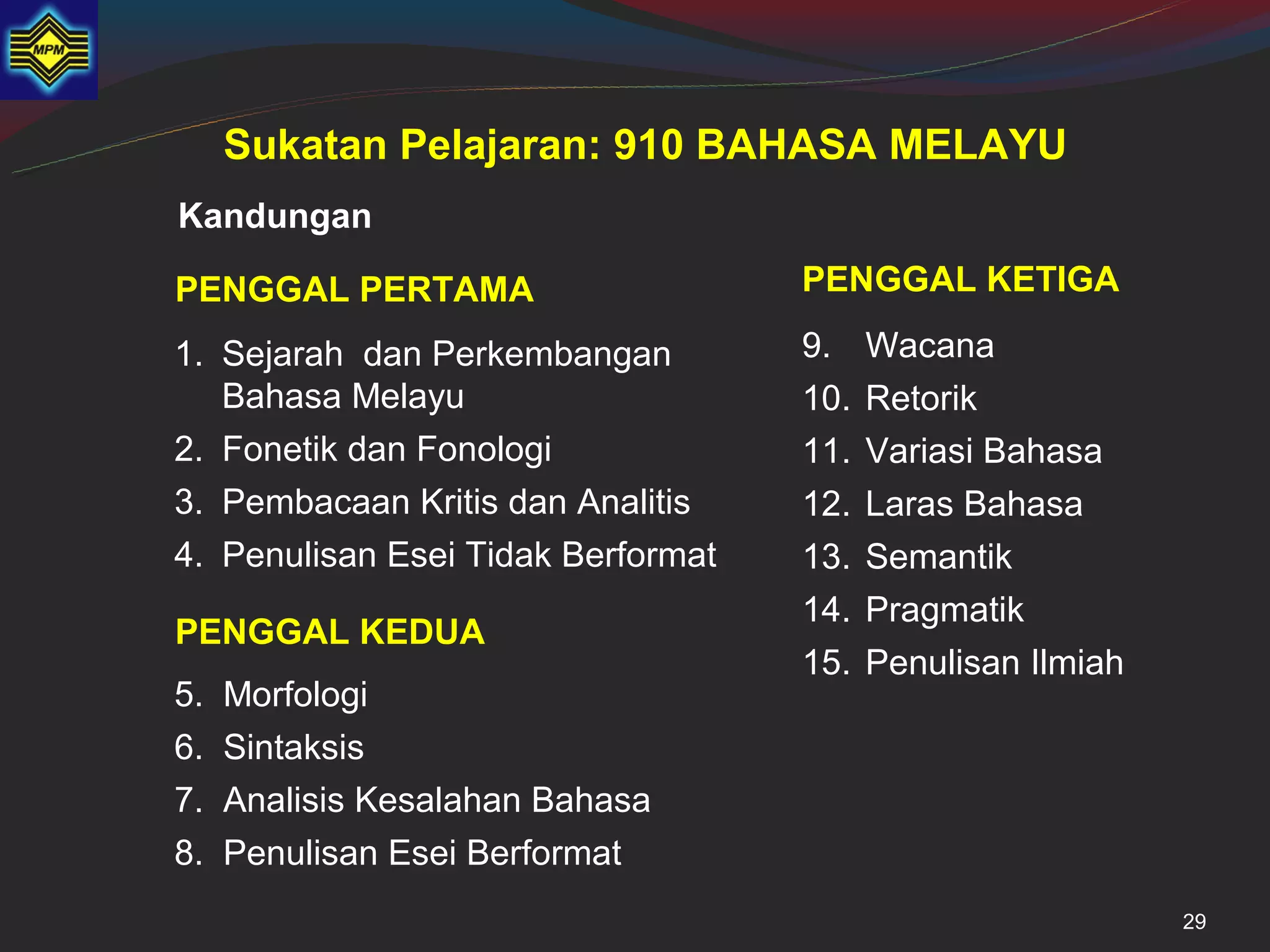Sukatan Pelajaran: 910 BAHASA MELAYU
Kandungan

PENGGAL PERTAMA                     PENGGAL KETIGA

1. Sejarah dan Perkembangan         9.    Wacana
   Bahasa Melayu                    10.   Retorik
2. Fonetik dan Fonologi             11.   Variasi Bahasa
3. Pembacaan Kritis dan Analitis    12.   Laras Bahasa
4. Penulisan Esei Tidak Berformat   13.   Semantik
                                    14.   Pragmatik
PENGGAL KEDUA
                                    15.   Penulisan Ilmiah
5.   Morfologi
6.   Sintaksis
7.   Analisis Kesalahan Bahasa
8.   Penulisan Esei Berformat
                                                             29
 