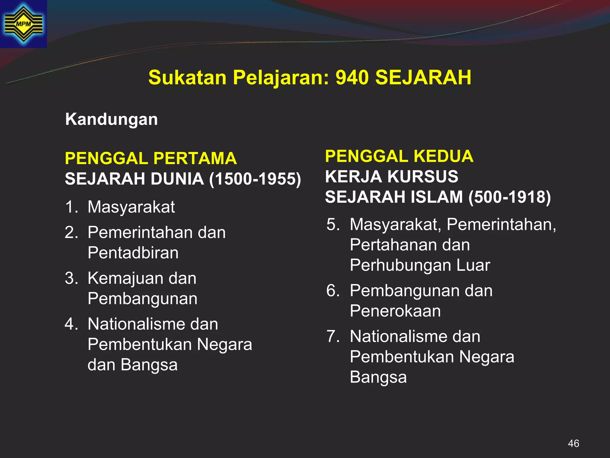 Sukatan Pelajaran: 940 SEJARAH
Kandungan

PENGGAL PERTAMA             PENGGAL KEDUA
SEJARAH DUNIA (1500-1955)   KERJA KURSUS
                            SEJARAH ISLAM (500-1918)
1. Masyarakat
2. Pemerintahan dan         5. Masyarakat, Pemerintahan,
   Pentadbiran                 Pertahanan dan
                               Perhubungan Luar
3. Kemajuan dan
   Pembangunan              6. Pembangunan dan
                               Penerokaan
4. Nationalisme dan
   Pembentukan Negara       7. Nationalisme dan
   dan Bangsa                  Pembentukan Negara
                               Bangsa


                                                           46
 