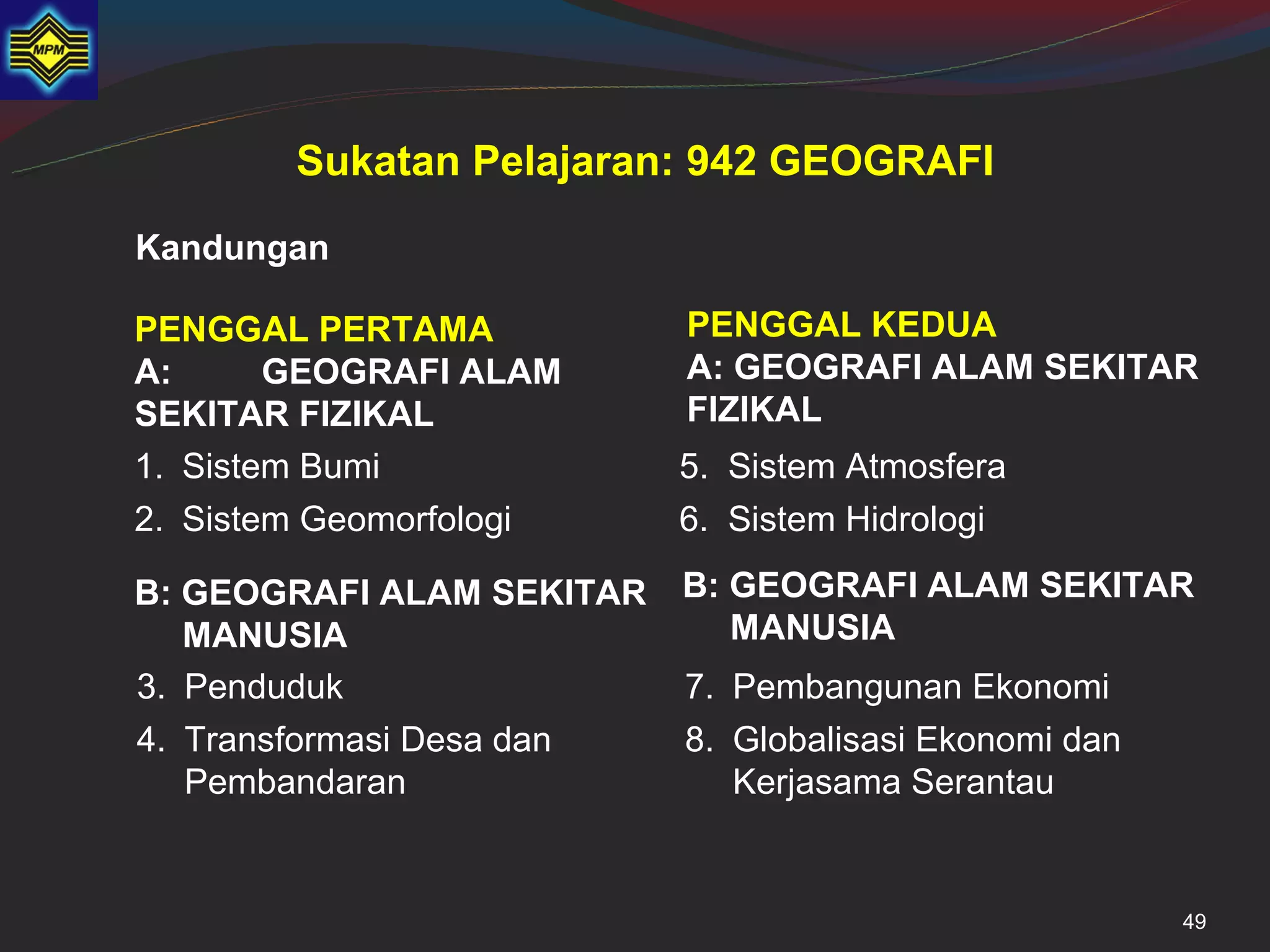 Sukatan Pelajaran: 942 GEOGRAFI
Kandungan

PENGGAL PERTAMA            PENGGAL KEDUA
A:      GEOGRAFI ALAM      A: GEOGRAFI ALAM SEKITAR
SEKITAR FIZIKAL            FIZIKAL
1. Sistem Bumi             5. Sistem Atmosfera
2. Sistem Geomorfologi     6. Sistem Hidrologi

B: GEOGRAFI ALAM SEKITAR   B: GEOGRAFI ALAM SEKITAR
   MANUSIA                    MANUSIA
3. Penduduk                7. Pembangunan Ekonomi
4. Transformasi Desa dan   8. Globalisasi Ekonomi dan
   Pembandaran                Kerjasama Serantau


                                                        49
 