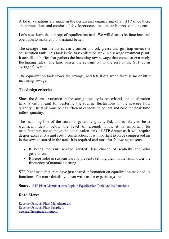 Stp plant manufacturers explain equalization tank and its functions