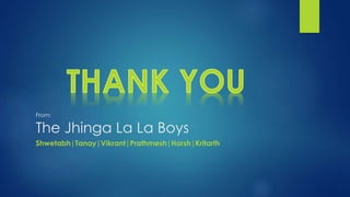 From: 
The Jhinga La La Boys 
Shwetabh|Tanay|Vikrant|Prathmesh|Harsh|Kritarth 
