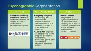 Psychographic Segmentation 
L i fes t y les 
•Movies like Slumdog 
Millionaire, 1920 in its 
showcase channel for 
people to have a 
near theatre 
experience at home 
Per sonal i t y T rai t s 
•Targeting the youth 
by showing the 
concerts like 
Beyonce- Live at 
Wimbley and AC/DC 
–No Bull concerts in 
their showcase 
channel 
•Active Mall targeted 
at people who like to 
shop for electronics 
appliances, 
household goods and 
even mobile 
ringtones from their 
house 
Val ues 
•Active Darshan – 
Religion has a 
significant influence 
on the values and 
keeping this in mind it 
provides live telecasts 
from 6 revered 
temples and 3 
spiritual channels 
 