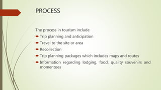 PROCESS
The process in tourism include
 Trip planning and anticipation
 Travel to the site or area
 Recollection
 Trip planning packages which includes maps and routes
 Information regarding lodging, food, quality souvenirs and
momentoes
 