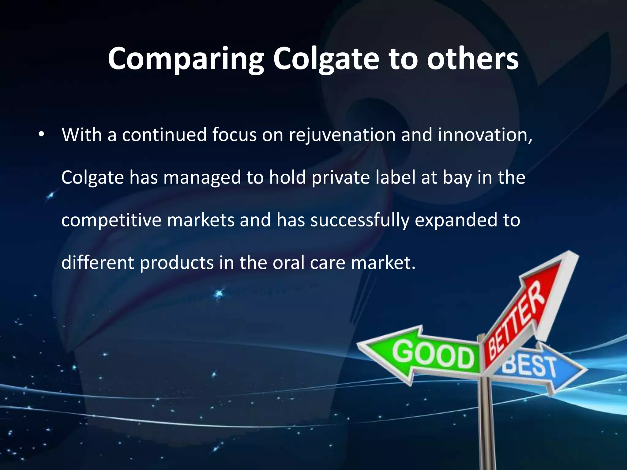 Comparing Colgate to others 
• With a continued focus on rejuvenation and innovation, 
Colgate has managed to hold private label at bay in the 
competitive markets and has successfully expanded to 
different products in the oral care market. 
 