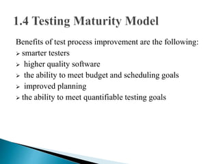 Benefits of test process improvement are the following: 
 smarter testers 
 higher quality software 
 the ability to meet budget and scheduling goals 
 improved planning 
 the ability to meet quantifiable testing goals 
 