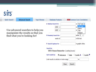 Subject Heading Search Strategies
• If you don't know the correct subject heading…
▫ find at least one record relevant to your topic by
doing a Keyword search.
▫ Select a record from your search results and look
at the Full record display.
▫ Then use the subject heading(s) found in the
record that most closely matches your topic for
additional subject heading searches.
 