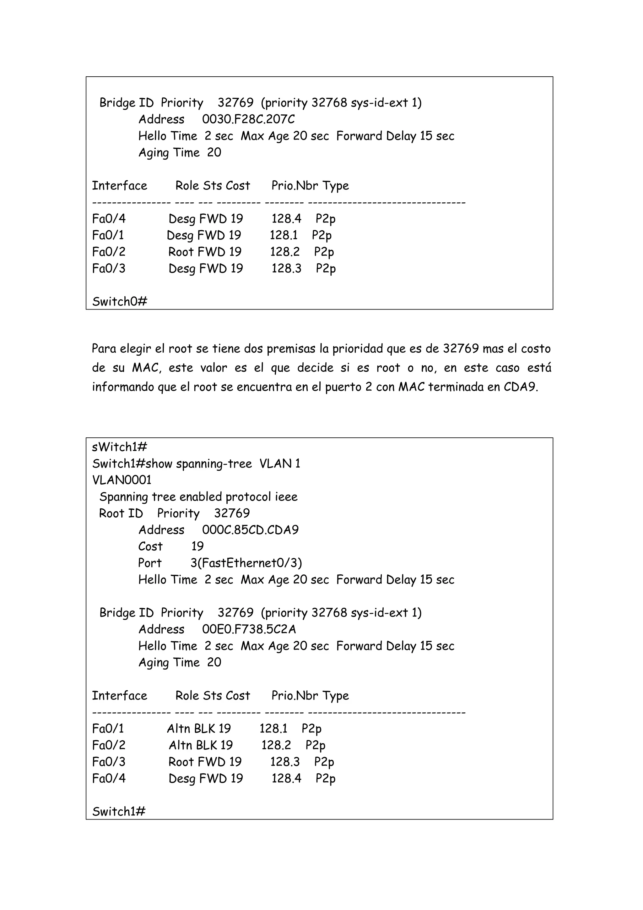 Bridge ID Priority 32769 (priority 32768 sys-id-ext 1)
        Address 0030.F28C.207C
        Hello Time 2 sec Max Age 20 sec Forward Delay 15 sec
        Aging Time 20

Interface        Role Sts Cost         Prio.Nbr Type
---------------- ---- --- ---------   -------- --------------------------------
Fa0/4          Desg FWD 19             128.4 P2p
Fa0/1          Desg FWD 19             128.1 P2p
Fa0/2          Root FWD 19             128.2 P2p
Fa0/3          Desg FWD 19             128.3 P2p

Switch0#


Para elegir el root se tiene dos premisas la prioridad que es de 32769 mas el costo
de su MAC, este valor es el que decide si es root o no, en este caso está
informando que el root se encuentra en el puerto 2 con MAC terminada en CDA9.




sWitch1#
Switch1#show spanning-tree VLAN 1
VLAN0001
 Spanning tree enabled protocol ieee
 Root ID Priority 32769
       Address 000C.85CD.CDA9
       Cost      19
       Port      3(FastEthernet0/3)
       Hello Time 2 sec Max Age 20 sec Forward Delay 15 sec

 Bridge ID Priority 32769 (priority 32768 sys-id-ext 1)
        Address 00E0.F738.5C2A
        Hello Time 2 sec Max Age 20 sec Forward Delay 15 sec
        Aging Time 20

Interface        Role Sts Cost       Prio.Nbr Type
---------------- ---- --- --------- -------- --------------------------------
Fa0/1          Altn BLK 19         128.1 P2p
Fa0/2          Altn BLK 19         128.2 P2p
Fa0/3          Root FWD 19           128.3 P2p
Fa0/4          Desg FWD 19           128.4 P2p

Switch1#
 