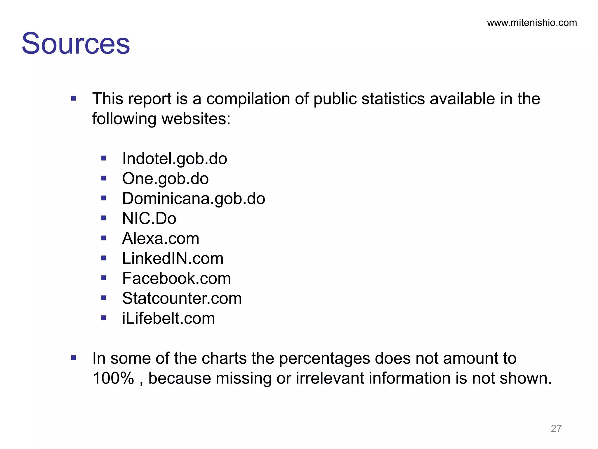 www.mitenishio.com
Sources
 This report is a compilation of public statistics available in the
following websites:
 Indotel.gob.do
 One.gob.do
 Dominicana.gob.do
 NIC.Do
 Alexa.com
 LinkedIN.com
 Facebook.com
 Statcounter.com
 iLifebelt.com
 In some of the charts the percentages does not amount to
100% , because missing or irrelevant information is not shown.
27
 