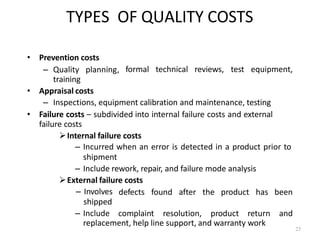 23
TYPES OF QUALITY COSTS
• Prevention costs
– Quality planning,
training
• Appraisal costs
formal technical reviews, test equipment,
– Inspections, equipment calibration and maintenance, testing
• Failure costs – subdivided into internal failure costs and external
failure costs
Internal failure costs
– Incurred when an error is detected in a product prior to
shipment
– Include rework, repair, and failure mode analysis
External failure costs
– Involves
shipped
– Include
defects found after the product has been
complaint resolution, product return and
replacement, help line support, and warranty work
 