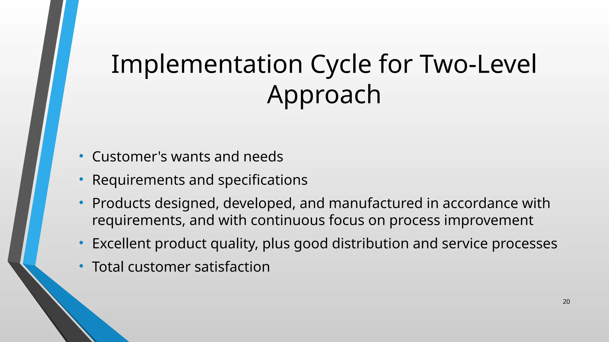 Implementation Cycle for Two-Level
Approach
• Customer's wants and needs
• Requirements and specifications
• Products designed, developed, and manufactured in accordance with
requirements, and with continuous focus on process improvement
• Excellent product quality, plus good distribution and service processes
• Total customer satisfaction
20
 
