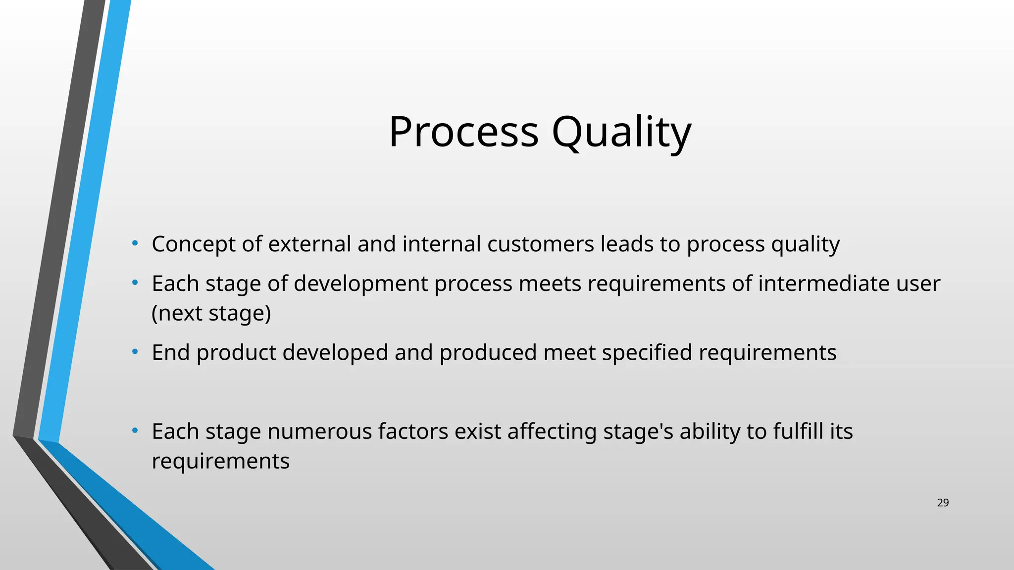 Process Quality
• Concept of external and internal customers leads to process quality
• Each stage of development process meets requirements of intermediate user
(next stage)
• End product developed and produced meet specified requirements
• Each stage numerous factors exist affecting stage's ability to fulfill its
requirements
29
 