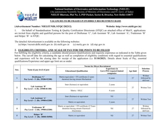 VACANCIES TO BE FILLED UP ON DIRECT RECRUITMENT BASIS
(Advertisement Number: NIELIT/NDL/STQC/2023/2) Website: http://www.nielit.gov.in)
1. On behalf of Standardisation Testing & Quality Certification Directorate (STQC) an attached office of MeitY, applications
are invited from eligible and qualified persons for the post of Draftsman ‘C’, Lab Assistant ‘B’, Lab Assistant ‘A’, Tradesman ‘B’
and Helper ‘B’ in STQC.
The detailed Advertisement is available on the following websites:
(a) https://recruit-delhi.nielit.gov.in (b) nielit.gov.in (c) meity.gov.in (d) stqc.gov.in
2. ELIGIBILITY CRITERIA AND SCALE OF PAY FOR THE POSTS TO BE FILLED
For fulfilling the eligibility criteria, a candidate should possess Qualifications and requisite experience as indicated in the Table given
below. The cut-off date for calculating the age as well as completion of eligibility conditions with regard to essential qualifications
and experience will be the closing date for receipt of the application (i.e 31/10/2023). Details about Scale of Pay, essential
qualifications/Experience and upper age limit are as under:
Sno. Name & pay level of post
Norms for Direct Recruitment
Selection
Process
Educational Qualification
Experience in
Govt./PSU/reputed limited
companies
Age limit
1
Draftsman „C‟
Pay Level – 5 (Rs. 29200-92300)
Matric/equivalent + ITI certificate (2 years
duration) having stream Mechanical
6 years 27
Written
followed by
skill test
2
Lab Assistant „B‟
Pay Level – 4 (Rs. 25500-81100)
Inter (Science) or equivalent 2 years
27 Written Test
Matric / SSLC 4 years
3
Lab Assistant „A‟
Pay Level – 2 (Rs. 19900-63200)
Inter (Science) or equivalent Nil
27 Written Test
Matric or equivalent 2 years
4
Tradesman „B‟
Pay Level – 2 (Rs. 19900-63200)
Matric or equivalent + ITI certificate (2 Years
duration) having stream Electrical /
Electronics
Nil 27
Written
followed by
skill test
5
Helper „B‟
Pay Level – 1 (Rs. 18000-56900)
Matric or equivalent Nil 27 Written Test
National Institute of Electronics and Information Technology (NIELIT)
(An autonomous Scientific Society of Ministry of Electronics and IT, Govt. of India)
NIELIT Bhawan, Plot No. 3, PSP Pocket, Sector-8, Dwarka, New Delhi-110077
 