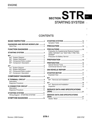 ENGINE

SECTION

STR

STARTING SYSTEM

A

STR

C

D

E

CONTENTS
BASIC INSPECTION ................................... 2
.
DIAGNOSIS AND REPAIR WORKFLOW ......... 2
.

STARTING SYSTEM ......................................... 14

F

Symptom Table ......................................................14
.

Work Flow ................................................................ 2
.

PRECAUTION ............................................. 15
.

FUNCTION DIAGNOSIS .............................. 5
.

PRECAUTIONS ................................................. 15

STARTING SYSTEM .......................................... 5
.
M/T .............................................................................. 5
.
M/T : System Diagram ............................................. 5
.
M/T : System Description ......................................... 5
.
M/T : Component Parts Location ............................. 6
.
M/T : Component Description .................................. 6
.
A/T .............................................................................. 6
.
A/T : System Diagram .............................................. 7
.
A/T : System Description .......................................... 7
.
A/T : Component Parts Location .............................. 7
.
A/T : Component Description .................................. 8
.

COMPONENT DIAGNOSIS ......................... 9
.
B TERMINAL CIRCUIT ...................................... 9
.
Description ............................................................... 9
.
Diagnosis Procedure ................................................ 9
.

S CONNECTOR CIRCUIT .................................10
.
Description ............................................................. 10
.
Diagnosis Procedure .............................................. 10
.

STARTING SYSTEM .........................................11
.
Wiring Diagram - STARTING SYSTEM - ............... 11
.

SYMPTOM DIAGNOSIS ............................. 14
.

Precaution for Supplemental Restraint System
(SRS) "AIR BAG" and "SEAT BELT PRE-TENSIONER" ................................................................15
.
Precaution for Battery Service ................................15
.

PREPARATION .......................................... 16
.

G

H

I

PREPARATION ................................................. 16
Special Service Tools .............................................16
.
Commercial Service Tools ......................................16
.

ON-VEHICLE REPAIR ................................ 17
.

J

K

STARTER MOTOR ........................................... 17
Exploded View ........................................................17
.
L
M/T ............................................................................18
.
M/T : Removal and Installation ...............................18
.
A/T .............................................................................19
.
A/T : Removal and Installation ................................19
.
Inspection ...............................................................20
.

SERVICE DATA AND SPECIFICATIONS
(SDS) ........................................................... 21
.
SERVICE DATA AND SPECIFICATIONS
(SDS) ................................................................. 21

M

N

O

Starter Motor ..........................................................21
.
P

Revision: 2008 October

STR-1

2009 370Z

 