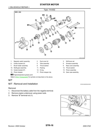 STARTER MOTOR
< ON-VEHICLE REPAIR >
Type: 114-932

JPBIA0148GB

1.

Magnetic switch assembly

2.

Dust cover kit

3.

Shift lever set

4.

Center bracket (A)

5.

Yoke assembly

6.

Armature assembly

7.

Brush holder assembly

8.

Thrust washer

9.

Rear cover assembly

10. Shaft gear assembly

11. Packing

12. Thrust washer

13. Center bracket (P)

14. E-ring

15. Pinion assembly

16. Pinion stopper

17. Pinion stopper clip

18. Gear case assembly

: High-temperature grease point
Refer to GI-4, "Components" for symbols not described on the above.

M/T
M/T : Removal and Installation

INFOID:0000000004457488

Removal
1.
2.
3.

Disconnect the battery cable from the negative terminal.
Remove engine undercover using power tools.
Remove “B” terminal nut (1).

PKIB8802E

Revision: 2008 October

STR-18

2009 370Z

 