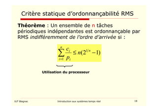 IUT Blagnac Introduction aux systèmes temps réel 18
Critère statique d’ordonnançabilité RMS
Théorème : Un ensemble de n tâches
périodiques indépendantes est ordonnançable par
RMS indifféremment de l’ordre d’arrivée si :
)
1
2
( 1
1
−
≤
∑
=
n
n
i i
i
n
p
c
Utilisation du processeur
 