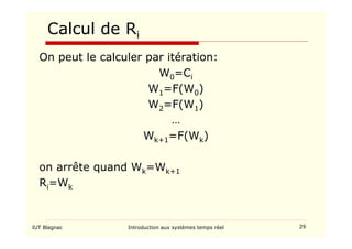 IUT Blagnac Introduction aux systèmes temps réel 29
Calcul de Ri
On peut le calculer par itération:
W0=Ci
W1=F(W0)
W2=F(W1)
…
Wk+1=F(Wk)
on arrête quand Wk=Wk+1
Ri=Wk
 