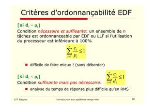 IUT Blagnac Introduction aux systèmes temps réel 38
Critères d’ordonnançabilité EDF
[si di = pi]
Condition nécessaire et suffisante: un ensemble de n
tâches est ordonnanceable par EDF ou LLF si l’utilisation
du processeur est inférieure à 100%
1
1
≤
∑
=
n
i i
i
p
c
 difficile de faire mieux ! (sans déborder)
[si di  pi]
Condition suffisante mais pas nécessaire:
 analyse du temps de réponse plus difficile qu’en RMS
1
1
≤
∑
=
n
i i
i
d
c
 