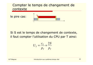 IUT Blagnac Introduction aux systèmes temps réel 43
Compter le temps de changement de
contexte
le pire cas:
Si S est le temps de changement de contexte,
il faut compter l’utilisation du CPU par T ainsi:
T
T
T
T
p
S
p
c
U
2
+
=
 