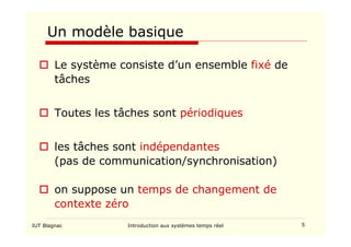 IUT Blagnac Introduction aux systèmes temps réel 5
Un modèle basique
 Le système consiste d’un ensemble fixé de
tâches
 Toutes les tâches sont périodiques
 les tâches sont indépendantes
(pas de communication/synchronisation)
 on suppose un temps de changement de
contexte zéro
 
