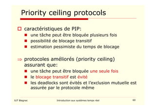 IUT Blagnac Introduction aux systèmes temps réel 60
Priority ceiling protocols
 caractéristiques de PIP:
 une tâche peut être bloquée plusieurs fois
 possibilité de blocage transitif
 estimation pessimiste du temps de blocage
⇒ protocoles améliorés (priority ceiling)
assurant que:
 une tâche peut être bloquée une seule fois
 le blocage transitif est évité
 les deadlocks sont évités et l’exclusion mutuelle est
assurée par le protocole même
 