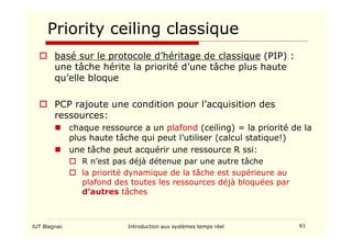 IUT Blagnac Introduction aux systèmes temps réel 61
Priority ceiling classique
 basé sur le protocole d’héritage de classique (PIP) :
une tâche hérite la priorité d’une tâche plus haute
qu’elle bloque
 PCP rajoute une condition pour l’acquisition des
ressources:
 chaque ressource a un plafond (ceiling) = la priorité de la
plus haute tâche qui peut l’utiliser (calcul statique!)
 une tâche peut acquérir une ressource R ssi:
 R n’est pas déjà détenue par une autre tâche
 la priorité dynamique de la tâche est supérieure au
plafond des toutes les ressources déjà bloquées par
d’autres tâches
 