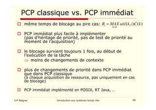 IUT Blagnac Introduction aux systèmes temps réel 68
PCP classique vs. PCP immédiat
 même temps de blocage au pire cas:
 PCP immédiat plus facile à implémenter
(pas d’héritage de priorité, pas de test de priorité au
moment de l’acquisition)
 le blocage survient toujours 1 fois, au début de
l’exécution de la tâche
⇒ moins de changements de contexte
 plus de changements de priorité dans PCP immédiat
que dans PCP classique
(à chaque acquisition de ressource, pas uniquement en cas
de blocage)
 PCP immédiat implémenté en POSIX, RT Java, …
)
(
)
,
( k
C
i
k
util
MAX
B
K
k
i
∈
=
 