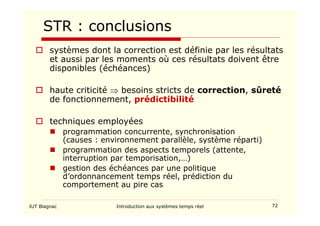 IUT Blagnac Introduction aux systèmes temps réel 72
STR : conclusions
 systèmes dont la correction est définie par les résultats
et aussi par les moments où ces résultats doivent être
disponibles (échéances)
 haute criticité ⇒ besoins stricts de correction, sûreté
de fonctionnement, prédictibilité
 techniques employées
 programmation concurrente, synchronisation
(causes : environnement parallèle, système réparti)
 programmation des aspects temporels (attente,
interruption par temporisation,…)
 gestion des échéances par une politique
d’ordonnancement temps réel, prédiction du
comportement au pire cas
 