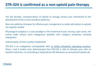 3
The last decades, overprescription of opioids to manage chronic pain contributed to the
development of the current overdose epidemics.
New non-addictive therapies for effective pain management as viable alternatives to opioids
are urgently needed.
Physiological analgesia is a new paradigm in the treatment of pain. During a pain stress, the
human body release some endogenous peptides with analgesic properties including
enkephalins.
Unfortunately, all them quickly metabolized..
STR-324 is an endogenous pentapeptide able to inhibit enkephalin degrading enzymes.
Phase I and II studies have demonstrated that STR-234 is able to alleviate pain with an
excellent tolerance, no stimulating or dependence-like behaviors as conventional opioids do.
STR-324 is confirmed as a non-opioid pain therapy
 