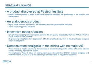 2
• A product discovered at Pasteur Institute
– Pasteur Institute granted to Alaxia an exclusive worldwide license for the development of the asset for pain
management
• An endogenous product
– Highly stable synthetic equivalent of the endogenous human penta-peptide opiorphin
– Active only during painful situations
• Innovative mode of action
– Enkephalins are strong natural analgesic peptides that are quickly degraded by NEP and APN; STR-324 is
a dual inhibitor of NEP and APN
– By preserving enkephalins from degradation, STR-324 amplifies the duration of the physiological analgesic
action of enkephalins
• Demonstrated analgesia in the clinics with no major AE
– Phase I study in healthy volunteers demonstrates an excellent safety profile without CNS or GI adverse
events, commonly reported with opioids
– The exploratory Phase II study on post-operative pain demonstrates STR-324 induces analgesia and
confirms the lack of CNS or GI or any other major adverse events in the patients population.
STR-324 AT A GLANCE
 