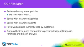 #RSAC
Our Research
3
Reviewed many major policies
and some not so major…
Spoke with Insurance agencies
Spoke with Insuranc...