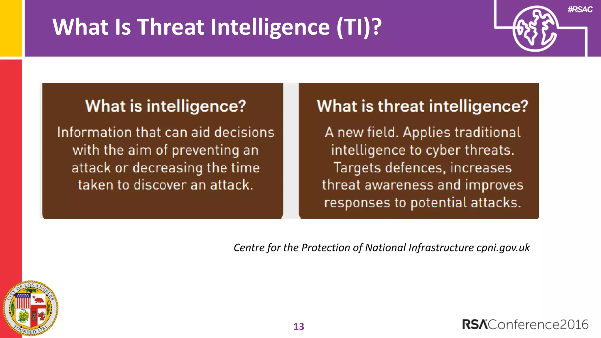 #RSAC
What Is Threat Intelligence (TI)?
13
Centre for the Protection of National Infrastructure cpni.gov.uk
 